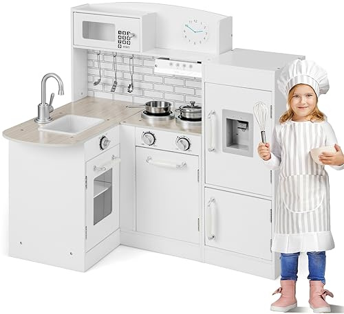 GYMAX Kids Corner Kitchen, Wooden Toy with Sink, Stove, Microwave, Oven, Range Hood, Refrigerator, Water Dispenser Cookware Accessories, Children Role Play for Girls Boys (8 in 1), White, (GY1007)