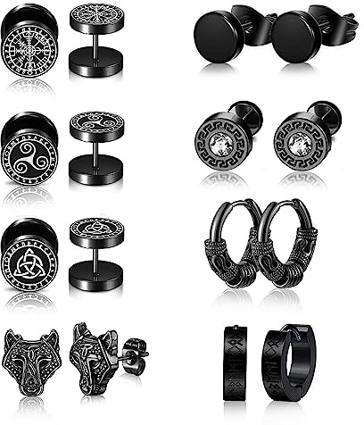 Viking Earrings for Men, 8 Pairs Norse Runes Hoop Earring Stainless Steel Stud Earrings, Viking Hoop Punk Biker Earrings Classic Black Stud Earrings for Men
