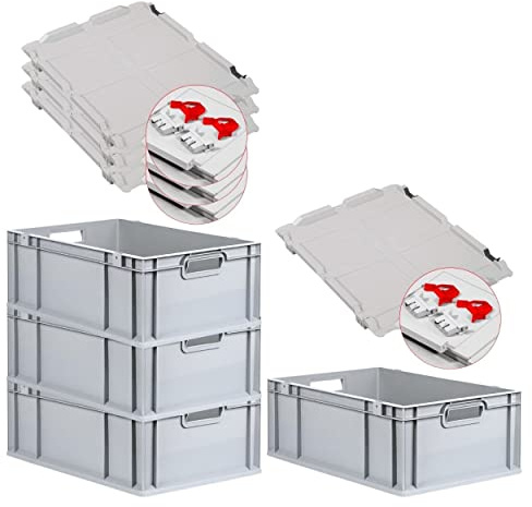 PROREGAL SuperSparSet 4x Eurobox NextGen Grip mit Scharnierdeckel und roten Schiebeschnappverschlüssen, HxBxT 22x40x60cm, 44 L, Grau, Griffe offen, Eurobehälter, Transportbox