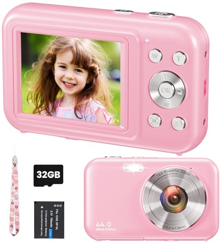 Digitalkamera Fotokamera, FHD 1080P 44MP Kinder Kompaktkamera mit 32GB Karte, Wiederaufladbare Digital Kamera mit 16X Digitalzoom, 2.4 LCD Fotoapparat für Kinder, Mädchen, Jungen, Anfänger(Rosa)