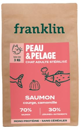 Franklin – Croquettes pour Chat Stérilisé – Gamme Bien-être – avec 70% de Saumon – sans Céréales – Hypoallergénique – Peau et Pelage – Taille 10mm – 3 kg
