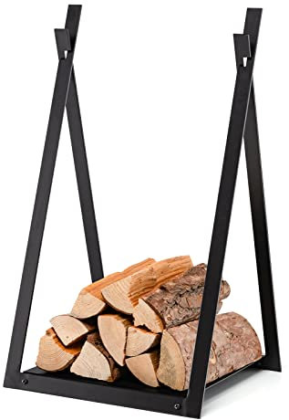 COSTWAY Firewood Log Rack, Heavy Duty Steel Fireplace Holder with Solid Bottom Panel, Stable Triangular Structure, Easy Assembly Indoor Outdoor Wood Storage Stacking Stand, 60kg Load Capacity