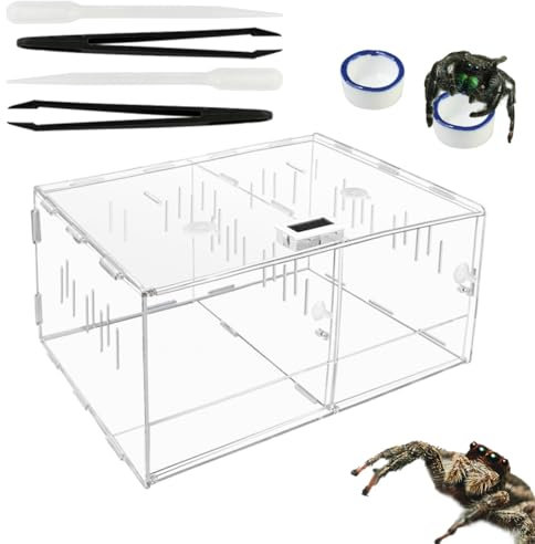 Springspinnengehege mit zwei Türen, 30,5 x 24 x 14,2 cm, springende Spinne, Lebensraum mit Thermo-Hygrometer, Tropffläche, transparentes Acryl-Spinnen-Terrarium für Schnecken, Grillen, Betende Mantis
