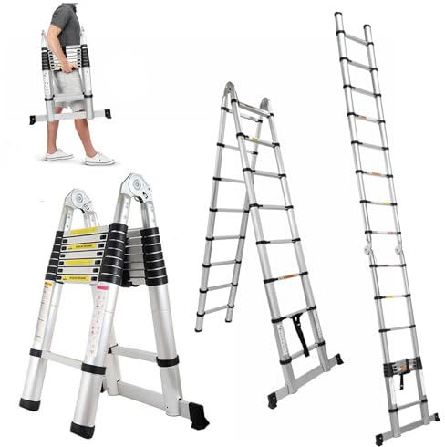 Teleskopleiter 5 m Klappbar Alu Leiter mit Rutschfesten Gummifüßen und Arretiermechanismus, 5m Ausziehleiter Aluleiter Stehleiter, max. 150 kg Tragkraft