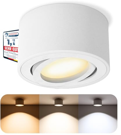 SSC-LUXon CELI-1WM Aufbauspot weiß rund dimmbar 6W 3 Lichtfarben | Dimmbarer Aufbaustrahler weiß rund für Flur, Küche & Wohnzimmer - warm / neutral / tageslicht, schwenkbar, inkl. LED-Modul