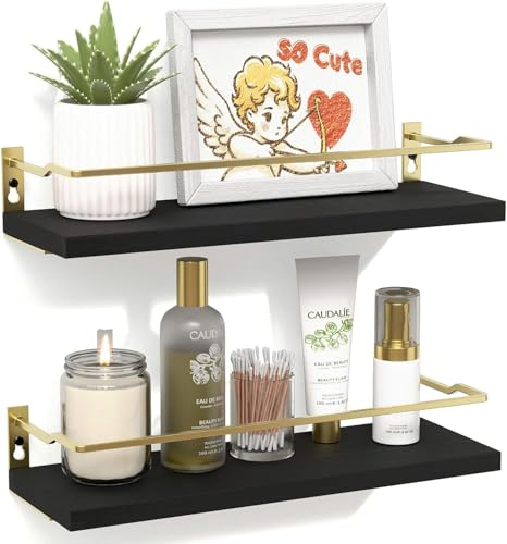 RICHER HOUSE Schwebendes Wandregal für Badezimmer, 2er-Set– Schwarz/Gold | Rustikale Wandmontage, Schutzschiene, Kleine Holzregale für Dekoration, über WC-Aufbewahrung, Küchen-Organizer