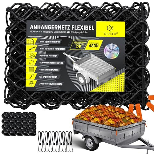 KESSER® Anhängernetz 1,5x2,7m Dehnbar feinmaschig | Hängernetz mit Spannseil & Netzkordel für Ladungssicherung elastisches Sicherungs-Netz Eckmarkierungen Expander-Haken & Befestigungsknöpfen Schwarz