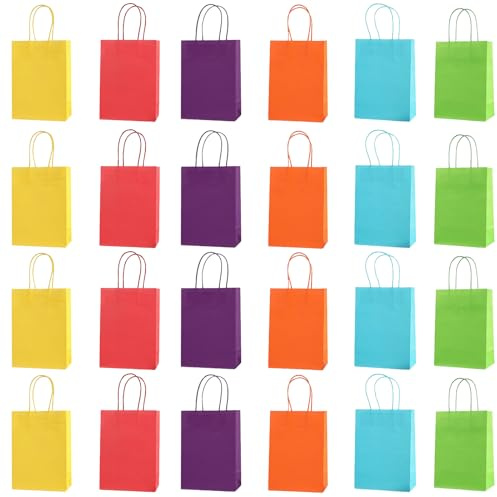 Uwiyo Papiertüten, 24 Stück Bunt Partytüten Papiertüten mit Henkel Kraftpapier Geschenktüten Mitgebseltüten für Kindergeburtstag Weihnachten Halloween Hochzeit Party, 12x6x15cm (Bunt)