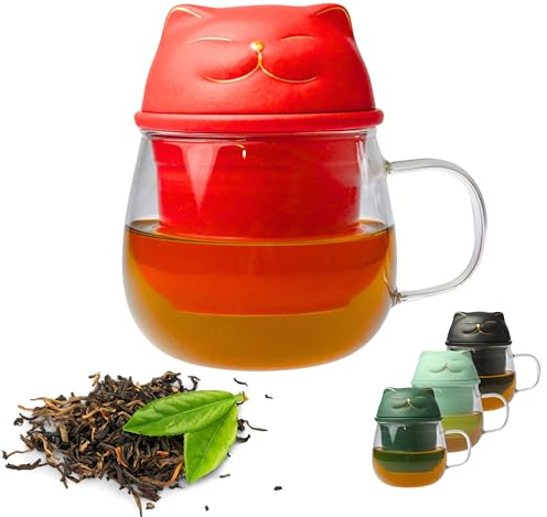 Kicura Glas-Teetasse 420 ml mit Deckel und Sieb, Katzen-Design, aus Borosilikatglas, für losen Tee und Kräutertee, mit Geschenkbox (Rot)