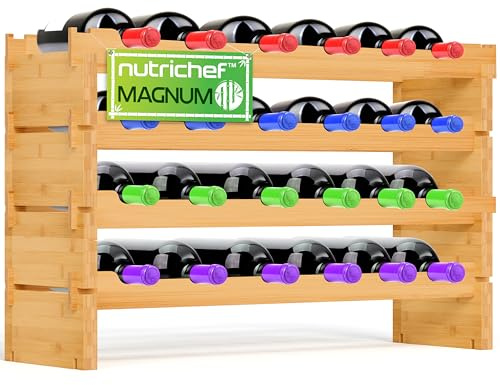 NutriChef Botellero de Vino de Bambú para 24 Botellas Magnum, Apilable, 4 Niveles, Organizador de Madera para Cocina, Comedor o Bodega