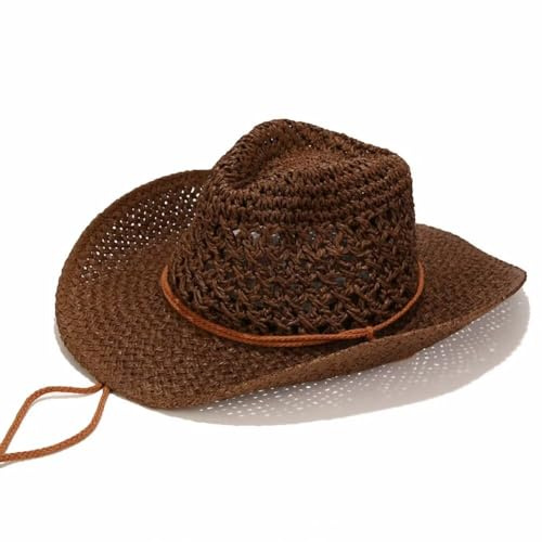Plancholo Chapeau de paille de cowboy d'été tissé à large bord pour homme et femme, marron, Taille unique