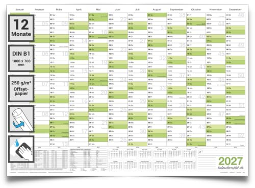 Kalenderoutlet Wandkalender 2027 XXL Jahresplaner Din B1 100x70 | Abwischbarer Jahreskalender ohne Stift, gerollt