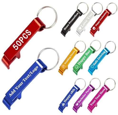 BEXOA 50pcs Personalised Bottle Opener keyring - Customised Engraved Text/Logo Bottle Openers Keychain Bulk Wedding Favours for Guests Party Gifts (50 Pcs)