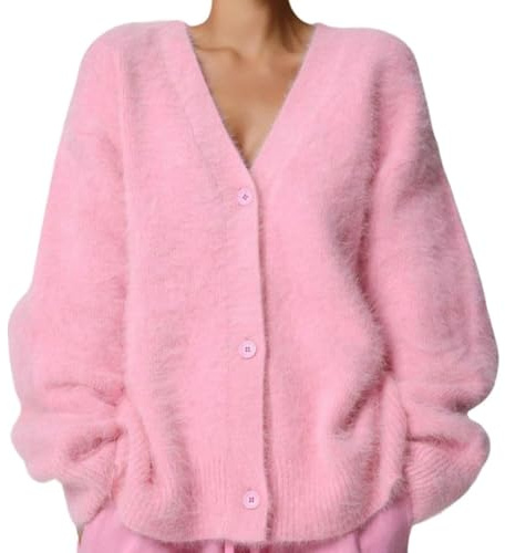 ZPLMIDE Luxuriöse Kaschmir-Cardigan, Damen-Strickpullover, Strickjacke, einfarbig, flauschig, V-Ausschnitt, vorne offen, stilvolle warme Jacke (XS, Rosa)