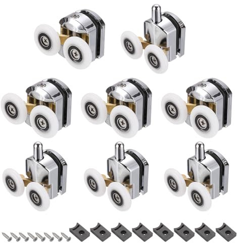 sourcing map 8 Pcs Shower Door Rollers, 23mm Dia Copper Bathroom Glass Door Top Bottom Twin Rollers Runners for 4-5mm Glass Door, Kitchen Sliding Door Wheels Replacement with Screw, Silver