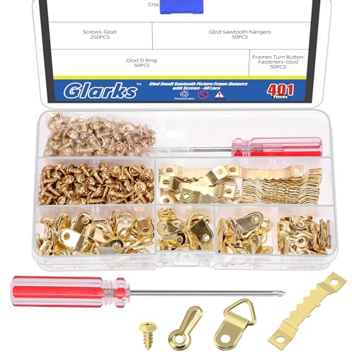 Glarks 401pcs Gold Picture Hanging Kit, Include 50pcs Sawtooth Picture Frame Hangers, 50pcs Frame Turn Buttons, 50pcs D Ring Picture Hangers, 250pcs Screws and 1pcs Screwdriver for Hanging Photo