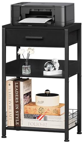 LELELELINKY Multifunktions-Tisch schwarz mit Stoffschublade matt Metallrahmen, Industrie-Wind Dreifach-Druckertisch, Beistelltisch,Druckerhalterung,Druckerständer für Büro, Schlafzimmer, Wohnzimmer