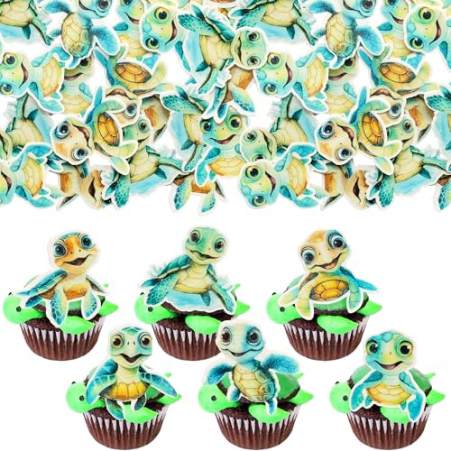 Gyufise 54Pcs Turtle Cupcake Toppers Wafer Paper Turtle Cupcake Picks Edible Sea Turtle Cake Decorations for Under The Sea Animal Theme Baby Shower Birthday Party Supplies Green