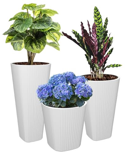 botle Lot de 3 pots de fleurs décoratifs ronds avec insert, blancs, diamètre : 39 cm, hauteur : 41, 61, 81 cm, surface rainurée, en plastique mat, moderne, glamour, pour terrasse, jardin, balcon
