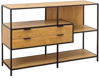 Bücherregal SLIM LINE 114cm - schwarz natur - MDF Metall Industrial Design | mit Schubladen, 3 Regalfächer, viel Stauraum, pflegeleichte Oberfläche, praktische Aufbewahrung, große Ablage, offene Fächer