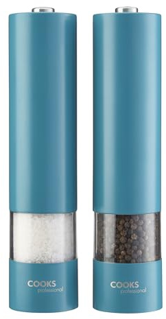 Cooks Professional Electric Salt and Pepper Mill Set | Battery Operated Automatic Grinders with Adjustable Course & Fine Grinding & One Touch Operation | Condiment Seasoning Grinder | Teal