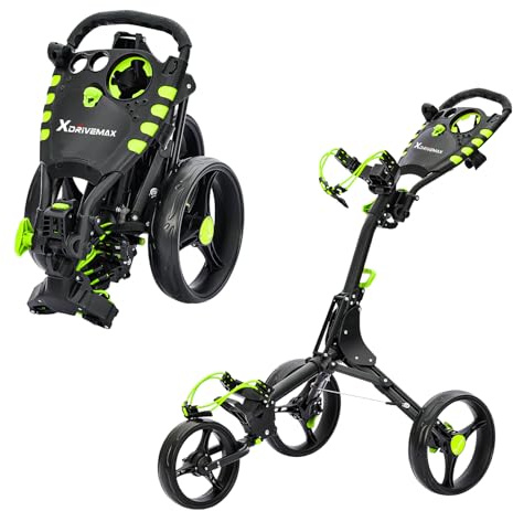 XDriveMax GC408 Golf Trolley 3 Rad,Golftrolley Klappbar,Leichter Golf Trolleys für Golfschläger und Golfbag, mit Getränkehalter,Scorekartenhalter und Ablagefach(Grün)