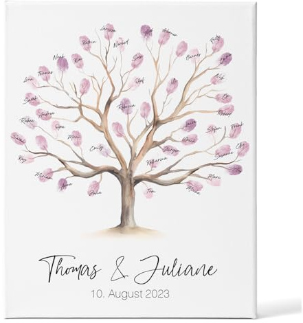 GRAVURZEILE Bedruckte Leinwand - Hochzeitsbaum - Personalisiert mit Namen & Datum - Hochzeit Gästebuch mit Fingerabdruck - Personalisiertes Hochzeitsgeschenk - Geschenk für das Brautpaar - 30x40 cm