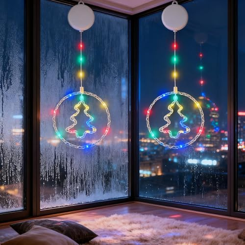 JYTGALX 2 Stück LED Weihnachtsbaum Lichterkette Bunt Batteriebetrieben mit Timer & Saugnäpfen, Weihnachtsdeko für Fenster, Balkon, Party & Hochzeit