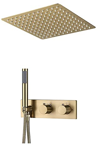 Soffione doccia quadrato da 30,5 cm, lussuoso montaggio a soffitto con doccetta in ottone, rubinetto termostatico per bagno elegante finitura dorata