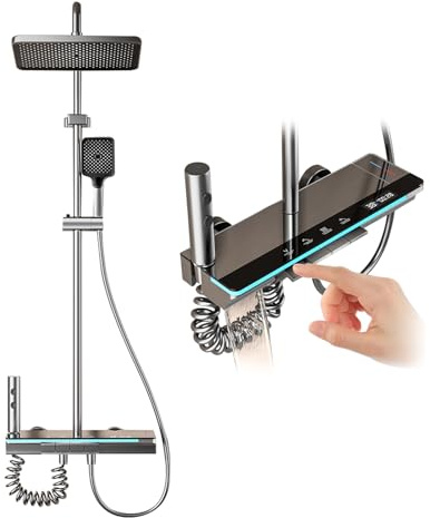 Duschsystem Warm- und Kaltverstellung, 4 Strahlarten Duschkopf, Regendusche mit Armatur, LED-Digitalanzeige, Quadratische Kopfbrause, Duscharmatur Komplettset (C)