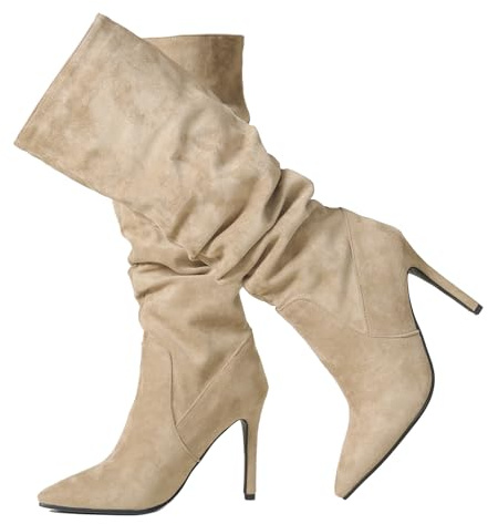 Ceciloroda Femmes's Knee Bottes Hautes Khaki Slouchy Ruched Wide Calf Fall Chaussures Bout Pointu Pull On Dressy Bottes Stiletto Confort Size 37