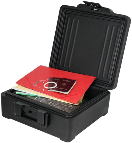 HMF Feuerfeste Dokumentenbox DIN A4 Ordner, wasserdichte Geldkassette abschließbar | 39 x 40 x 17 cm | Schwarz