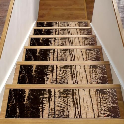 RODAILYCAY Lot de 15 tapis d'escalier antidérapants avec impression bois rustique, 20,3 x 76,2 cm pour marches en bois d'intérieur, tapis réutilisable pour enfants, personnes âgées, animaux