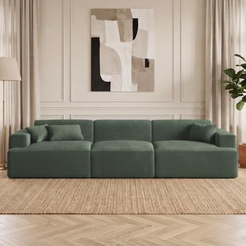 skølm Freki Cloud Couch aus Cord, 3-Sitzer Dunkelgrün, 3 Kissen, Sofa | Sofagarnitur, Vollschaumcouch mit Federkern & Vakuum-Kompression, 320 cm breit, kein Aufbau erforderlich, Wohnzimmersofa