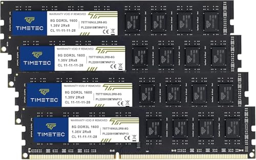 Timetec Premium 32GB KIT(4x8GB) DDR3L / DDR3 1600 MHz (DDR3L-1600) PC3L-12800 / PC3-12800 Non-ECC Ungepuffert 1,35 V/1,5 V CL11 2Rx8 Dual Rank 240 Pin UDIMM Desktop-PC Computerspeicher RAM (SDRAM)