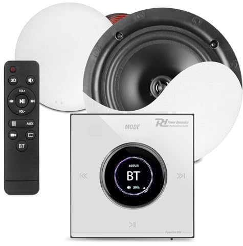 Power Dynamics Powerline Bluetooth Ceiling Speaker System with LCD In-Wall Amplifier – 2x 6.5 Low-Profile Speakers, White Touch Panel, Complete Audio Kit, Speaker Cable, Home & Office Audio
