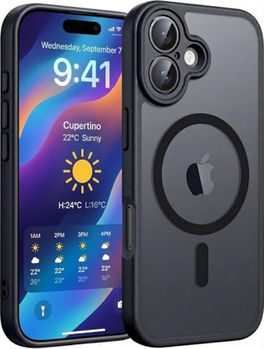 GeeKe for iPhone 16 Case 6.1-Inch, Magnetic MagSafe Compatible, Enhanced [360° Camera Protection], [14 FT Military-Grade Drop Tested] Shockproof Ultra-Thin Translucent Matte Hard Back Cover Black