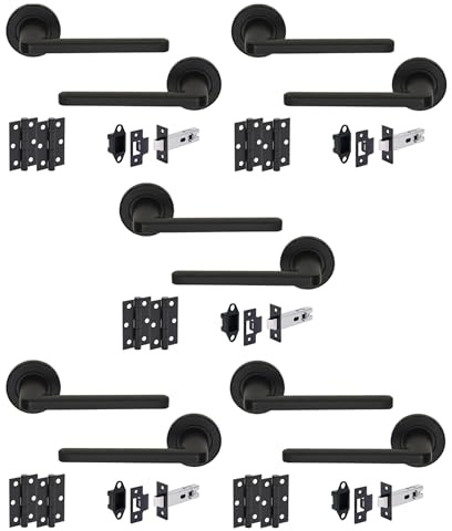 Hunta HANDLEZONE® Elio Matt Black Internal Door Handle Pack - 5 Pack - Lever on Rose Set - 76mm Tubular Latch (57mm Backset) & 2 Ball Bearing Hinges - Passage for Internal Wooden Doors