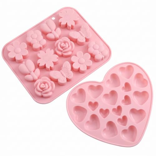 DiiWmme 2 Stück Silikonform Schokolade, Silikon, -60°C bis +260°C, Pink | mit Blumen, Schmetterling und Herz, Silikonform Blumen und Herz für Pralinen, Eiswürfel, Seife, Kerzen