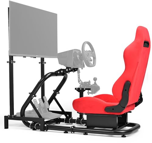 Minneer Rennlenkradständer mit rotem Wildledersitz und Monitorhalterung, passend für Logitech G29 G920, für Thrustmaster T248,Gaming-Simulator-Ständer Lenkrad, Ohne Fußpedale und Handbremse