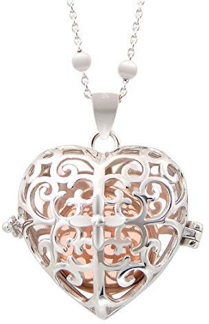 GOLDWAY Llamador de ángeles collar de Acero, aleación de bronce con Colgante Perforado a Forma de corazón , Chapado de Oro Blanco