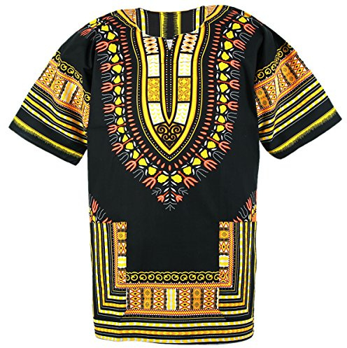 CHAINUPON African Dashiki Cotton Shirt Unisex Tribal Festival Boho Hippie Kaftan (Black Yellow, XXL)
