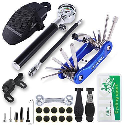 COZYROOMY Bike Tyre Repair Kit - Bike tool kit with 210 Psi Mini Pump 10-in-1 multi-tool（With chain breaker）, 3 in 1 Tyre Levers &Tire patch, 1 saddle bag. 6 month warranty