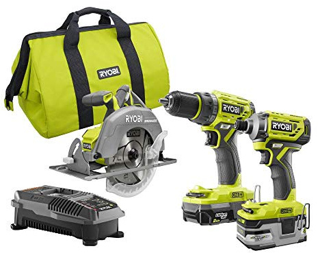 Ryobi P1837 18V One+ Cordless Brushless 3 Tool Combo Contractor Kit (9 pieces: Drill/Driver, Impact Driver, Circular Saw, 7-1/4 in Blade, Blade Wrench, Charger, 2.0 & 3.0 Ah Batteries, Bag)