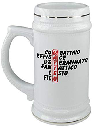 bubbleshirt Boccale da birra Compleanno - Matteo e aggettivi simpatici - evento - in ceramica - capienza 50 cl - idea regalo