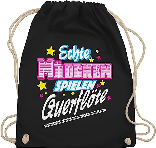 Turnbeutel Rucksack - Musik Instrument Zubehör - Echte Mädchen spielen Querflöte - Unisize - Schwarz - querflötentasche instrumente kind querfloete beutel für musiker querflöten sportsack