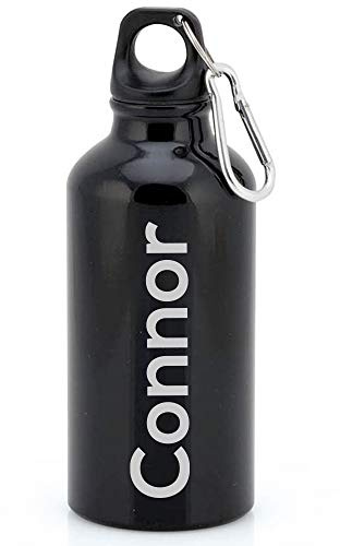 eBuyGB Personalised Any Name Lightweight Reusable Custom Engraved 400ml Aluminium Sports Water Bottle with Screw Cap & Carabiner (Black - Modern)