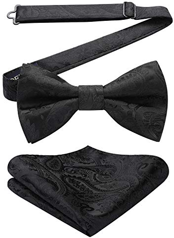 HISDERN Schwarze Fliegen für Herren Paisley Vorgebundene Smoking Einfarbige Herrenfliegen Verstellbare Fliege mit Einstecktuch für Hochzeit Fasching