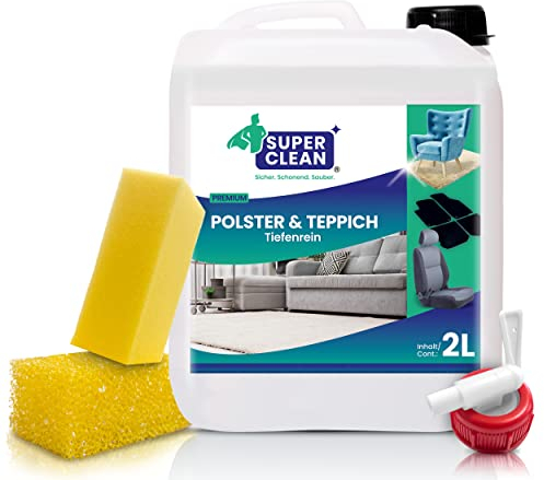 SUPER CLEAN Detergente concentrato per tessuti e tappeti pulizia profonda per tutti i tipi di imbottiti moquette sedili auto divani e poltrone 2 litri con 2 spugne