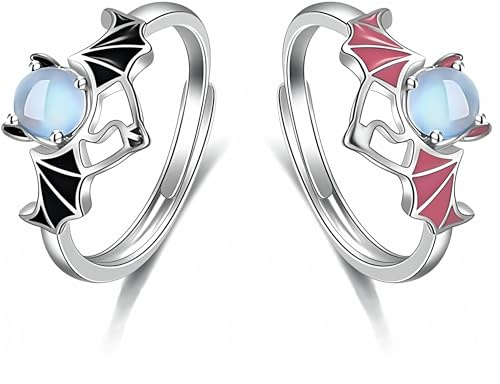 Matching Couples Rings for Best Friend Adjustable Size Cute Wedding Promise Love Ring Jewelry for Women, Men, Him, Her Set of 2- Moonstone Gift Wrap (Black+Pink)